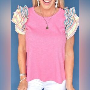 🎀 Pink Ruffle Rainbow Sleeve Top – Size XL 🎀
